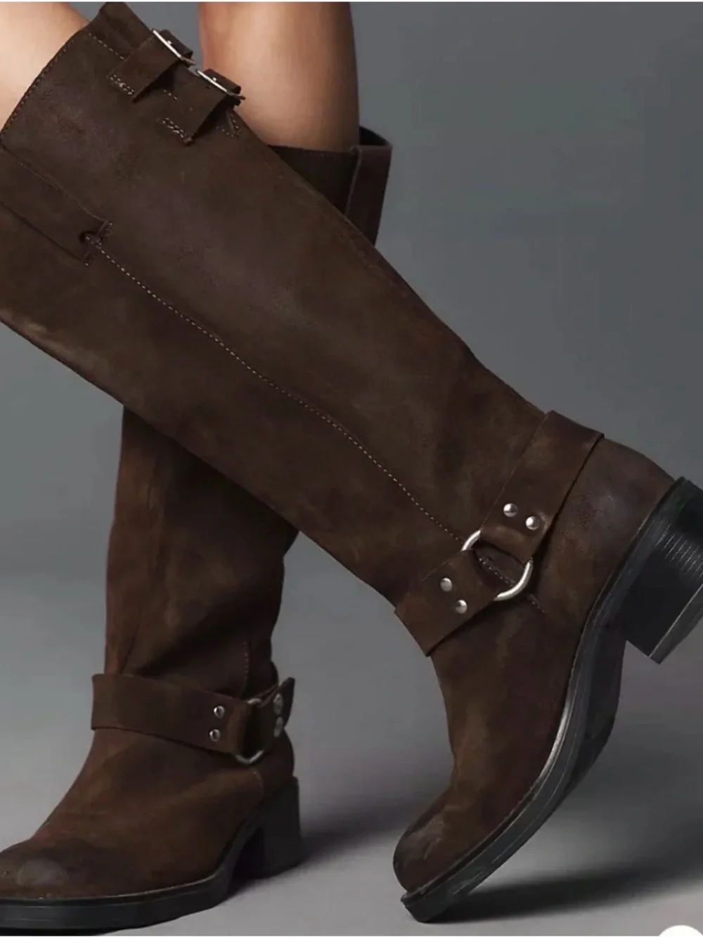 By Anthropologie Tall Moto Boots Brown Suede Knee-High Riding Boots NWOT